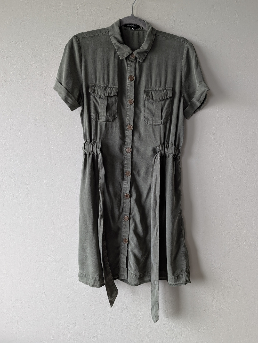 Velvet Heart Olive Green Button-Front Shirt Dress Utility Cotton Belted Size S